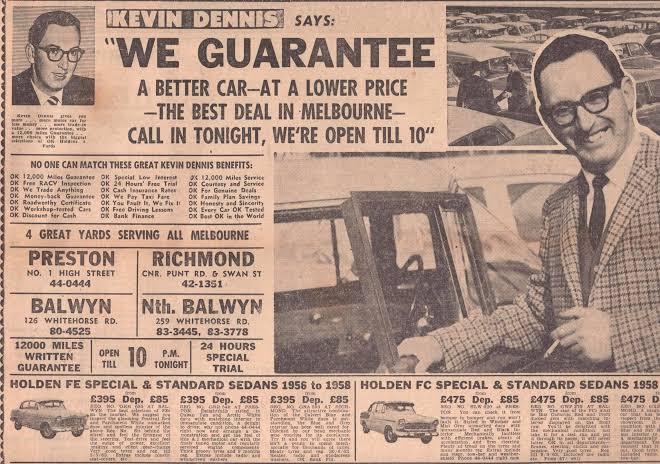 Vintage newspaper advertisement featuring Dennis Gowing, known publicly as Kevin Dennis, promoting Kevin Dennis Motors and Holden cars across four Melbourne dealerships.
