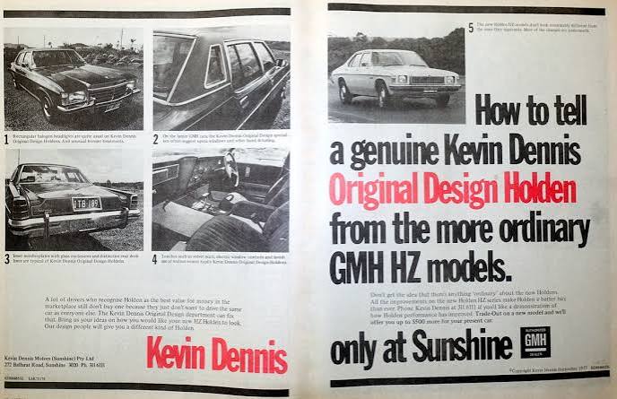 Vintage two-page Kevin Dennis Motors advertisement comparing an Original Design Holden with standard GMH HZ models, featuring photographs of the cars and details of their distinctive design features.