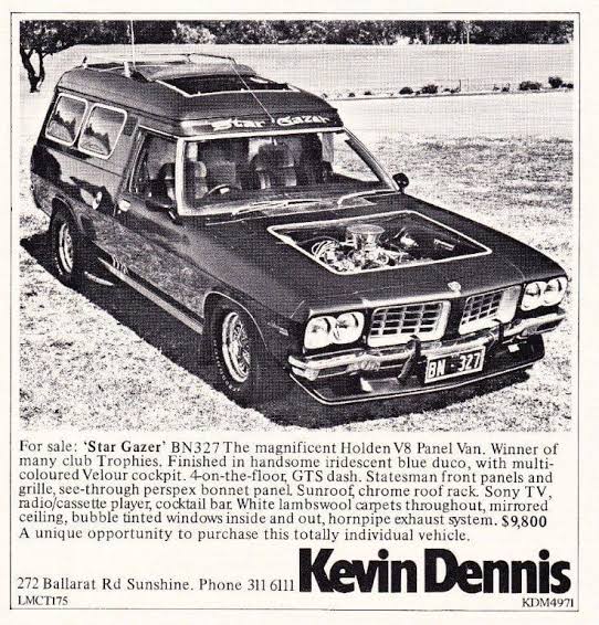 Vintage advertisement for “Star Gazer”, a customised Holden V8 panel van with a transparent roof, exposed V8 engine and distinctive custom styling, sold by Kevin Dennis Motors in Sunshine.